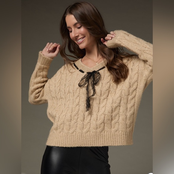 New Francesca’s Tara Lace Ribbon Cable Knit Pullover Sweater - Picture 2 of 6